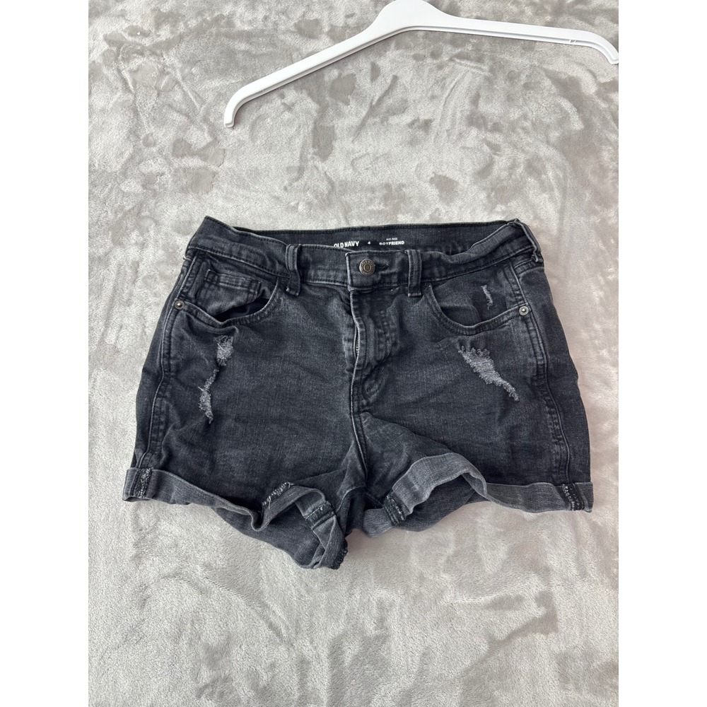 Old Navy Womens‎ 4 Mid-Rise Boyfriend Denim Shorts Black Distressed Cuffed 1492